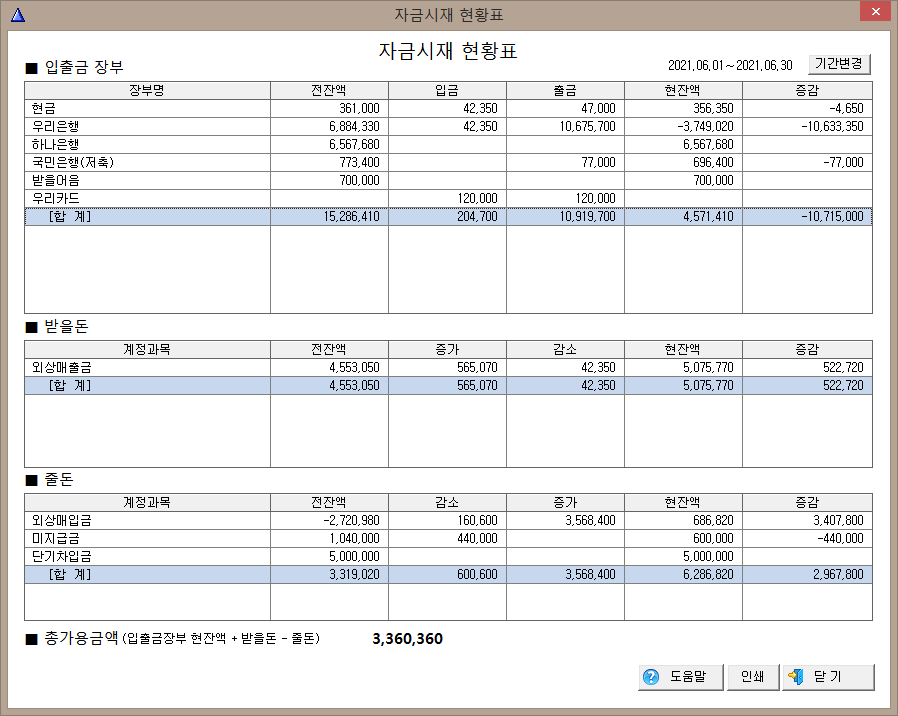 자금시재 현황표